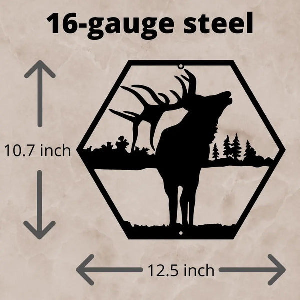 Hexagon with Elk and Tree Background- Bellowing Elk Metal Wall Art