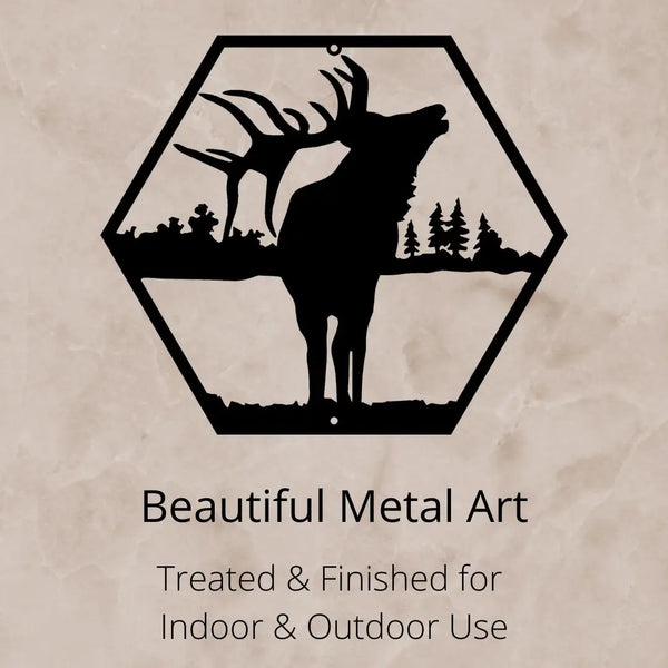 Hexagon with Elk and Tree Background-Bellowing Elk Metal Wall Art