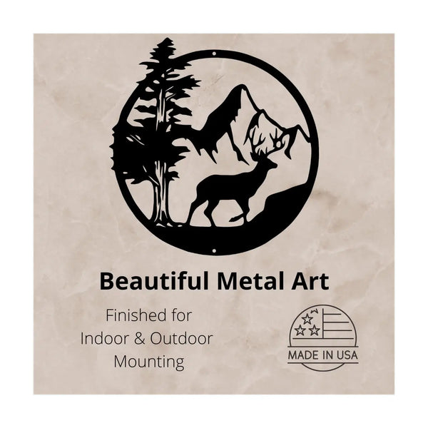 Buck and Trees with Mountain background in a circle- Tree tops extend the circle- Buck in the Mountains - Metal Wall Art