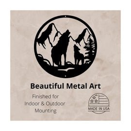 Circle with a wolf and pup howling with mountain background- Wolf and Pup in the Mountains - Metal Wall Art