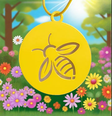 A yellow metal disc with a cut out design of a honey bee. 