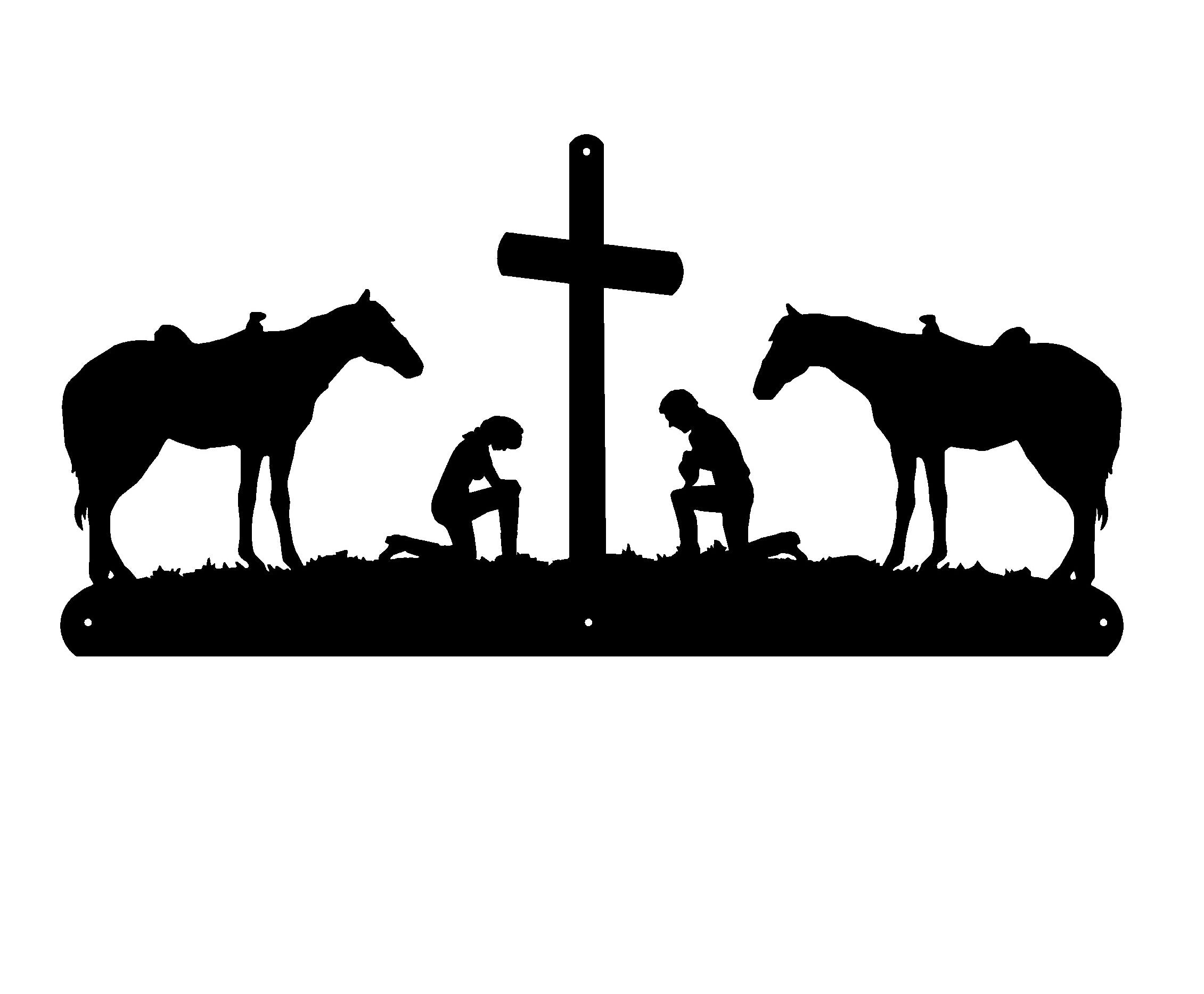 Cowboy & Cowgirl at the Cross with 2 horses