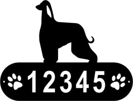 Afghan Hound dog breed with ear cutout. Custom address numbers with dog paw prints