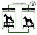 Airedale Terrier Dog Leash Holders with 2 different name styles, one above the 5 hooks and one cut into the hook bar.
