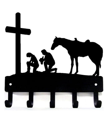 Cowboy and cowgirl kneeling at a cross with their horse-Key Rack/ Leash Hanger with 5 hooks