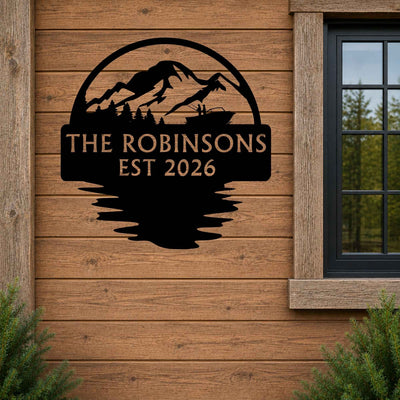 Personalized river cabin metal sign with mountain lake scene, family name, established date, and custom address option