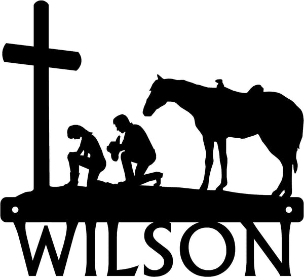 Cowboy & Cowgirl at the Cross Welcome Sign - The Metal Peddler Decorative Plaques country, country living, cowboy, cowgirl, Cross, faith, horse, Personalized Signs, personalizetext, religious, western