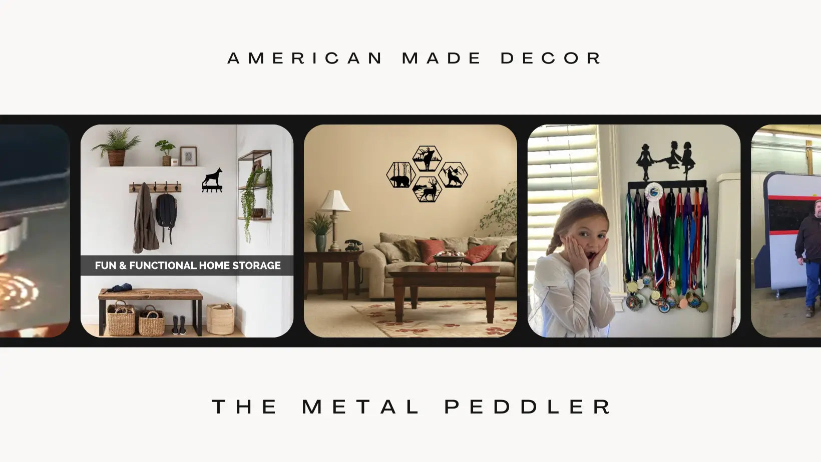 Promotional banner for 'The Metal Peddler' featuring home decor items and storage solutions. American Made Decor