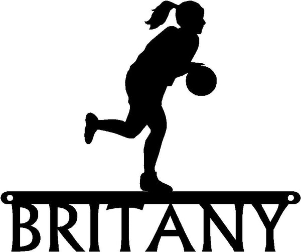 Girl dribbling a basketball on a bar- Custom name below the bar