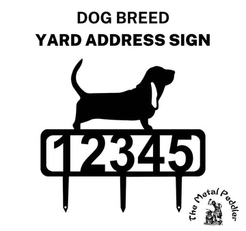 A Basset Hound address sign featuring customizable numbers and three stakes at the bottom for easy lawn mounting.