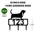 A 12-inch Basset Hound address sign featuring up to 4 customizable numbers and three stakes at the bottom for easy lawn mounting.