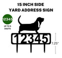 A 15-inch Basset Hound address sign featuring up to 5 customizable numbers and three stakes at the bottom for easy lawn mounting.