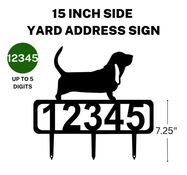 A 15-inch Basset Hound address sign featuring up to 5 customizable numbers and three stakes at the bottom for easy lawn mounting.