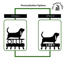 Basset Hound  Dog Leash Holders with 2 different name styles, one above the 5 hooks and one cut into the hook bar.