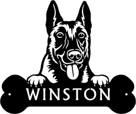 Belgian Malinois Head and Dog Bone Sign with Custom Name or Numbers The Metal Peddler