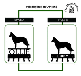 Belgian Malinois Dog Leash Holders with 2 different name styles, one above the 5 hooks and one cut into the hook bar.