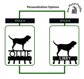 Bloodhound Leash Holders with 2 different name styles, one above the 5 hooks and one cut into the hook bar.