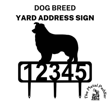 A Border Collie address sign featuring customizable numbers and three stakes at the bottom for easy lawn mounting.