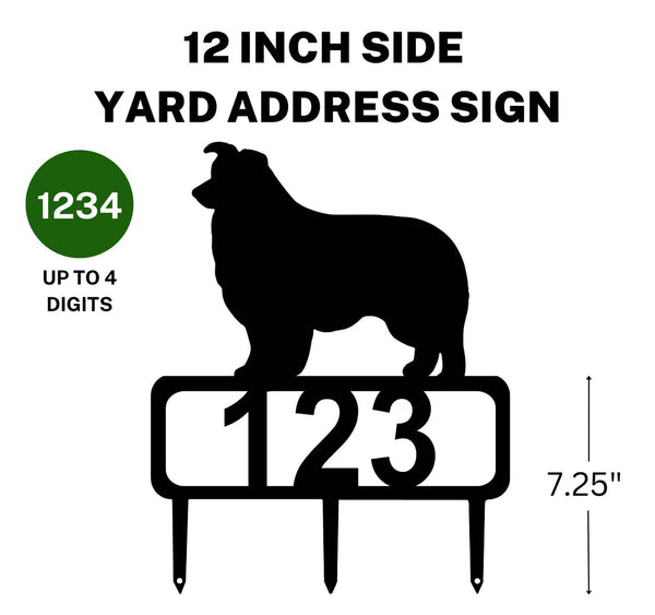 A 12-inch Border Collie address sign featuring up to 4 customizable numbers and three stakes at the bottom for easy lawn mounting.