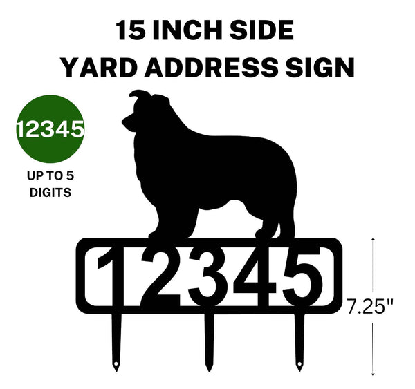 A 15-inch Border Collie address sign featuring up to 5 customizable numbers and three stakes at the bottom for easy lawn mounting.