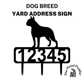 Boston Terrier address sign featuring customizable numbers and three stakes at the bottom for easy lawn mounting.