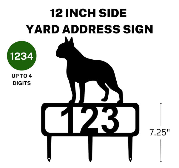 A 12-inch Boston Terrier address sign featuring up to 4 customizable numbers and three stakes at the bottom for easy lawn mounting.