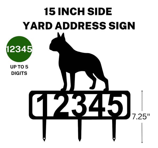 A 15-inch Boston Terrier address sign featuring up to 5 customizable numbers and three stakes at the bottom for easy lawn mounting.