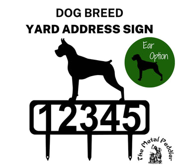 Boxer address sign with preferred ear options featuring customizable numbers and three stakes at the bottom for easy lawn mounting.