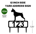 A 12-inch Boxer address sign featuring up to 4 customizable numbers and three stakes at the bottom for easy lawn mounting.