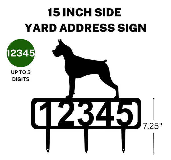 A 15-inch Boxer address sign featuring up to 5 customizable numbers and three stakes at the bottom for easy lawn mounting.