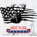 American flag with a deer silhouette and 'Made in USA' text on a wooden background
