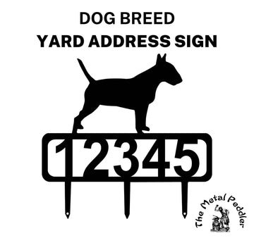 An addres sign with a bull terrier dog and 3 stakes for mounting on a lawn.