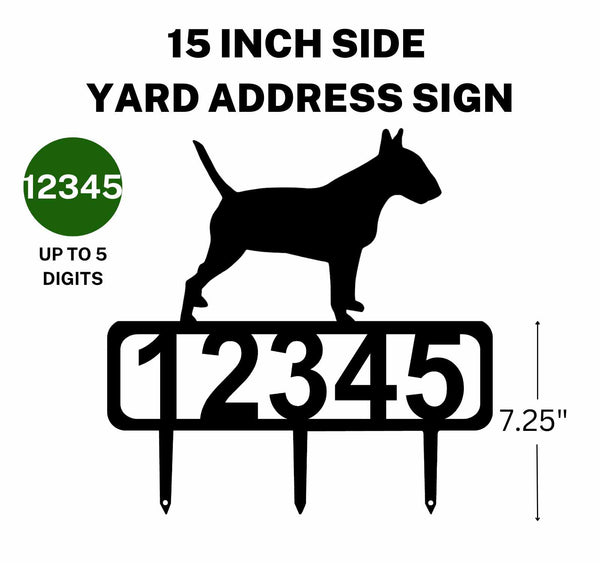 A 15-inch Bull Terrier address sign featuring up to 5 customizable numbers and three stakes at the bottom for easy lawn mounting.