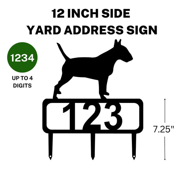 12-inch Bull Terrier address sign featuring up to 4 customizable numbers and three stakes at the bottom for easy lawn mounting.