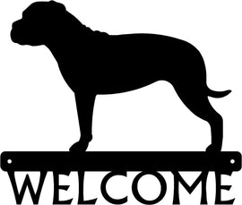 A welcome sign with the silhouette of a bullmastiff dog