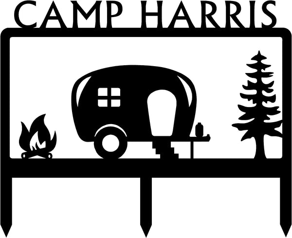 Campsite Yard Sign with Camper Art - The Metal Peddler Garden Stakes camp, camp fire, garden, ground stake, outdoor life, personalized, personalized sign, Personalized Signs, personalizetext