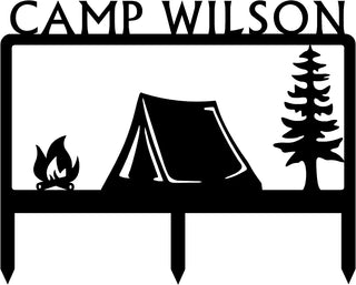 Campsite Yard Sign with Tent Art - The Metal Peddler Garden Stakes camp, camp fire, garden, ground stake, outdoor life, personalized, personalized sign, Personalized Signs, personalizetext