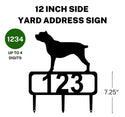 A 12-inch Cane Corso address sign featuring up to 4 customizable numbers and three stakes at the bottom for easy lawn mounting.