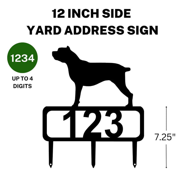 A 12-inch Cane Corso address sign featuring up to 4 customizable numbers and three stakes at the bottom for easy lawn mounting.