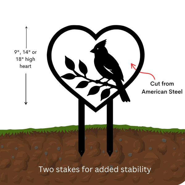 Cardinal in Heart Memorial Garden Stake – Metal Cemetery Decoration