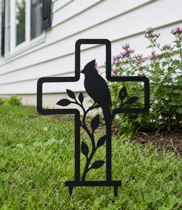 Cardinal Memorial Garden Cross Stake – Metal Cemetery Decoration