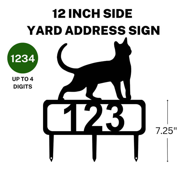 12-inch Cat address sign featuring up to 4 customizable numbers and three stakes at the bottom for easy lawn mounting.