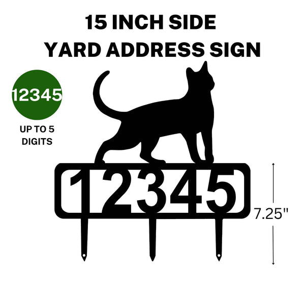 15-inch Cat address sign featuring up to 5 customizable numbers and three stakes at the bottom for easy lawn mounting.