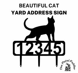 Cat address sign featuring customizable numbers and three stakes at the bottom for easy lawn mounting.