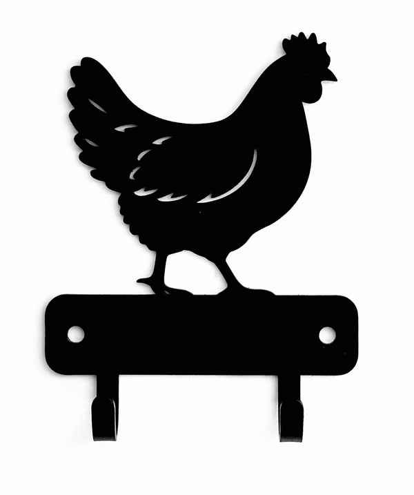 Black metal wall hook featuring a silhouette of a chicken standing on a horizontal bar with two hanging hooks below, shown against a plain white background.