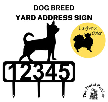 A Chihuahua address sign featuring customizable numbers and three stakes at the bottom for easy lawn mounting. Also comes in a longhaired option 