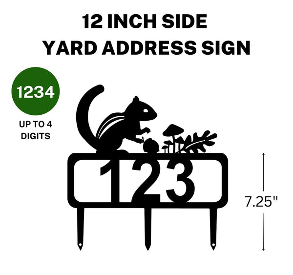 A 12-inch chipmunk address sign featuring up to 4 customizable numbers and three stakes at the bottom for easy lawn mounting.