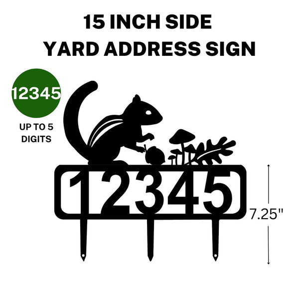 A 15-inch Chipmunk address sign featuring up to 5 customizable numbers and three stakes at the bottom for easy lawn mounting.