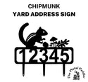 A chipmunk address sign featuring customizable numbers and three stakes at the bottom for easy lawn mounting.