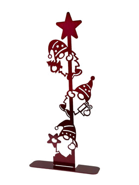 3 red gnomes climbing a pole with a star